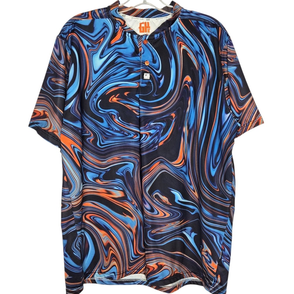 Greater Half Shirt Mens L Blue Orange Swirl GH Performance Stretch‎ Golf Polo